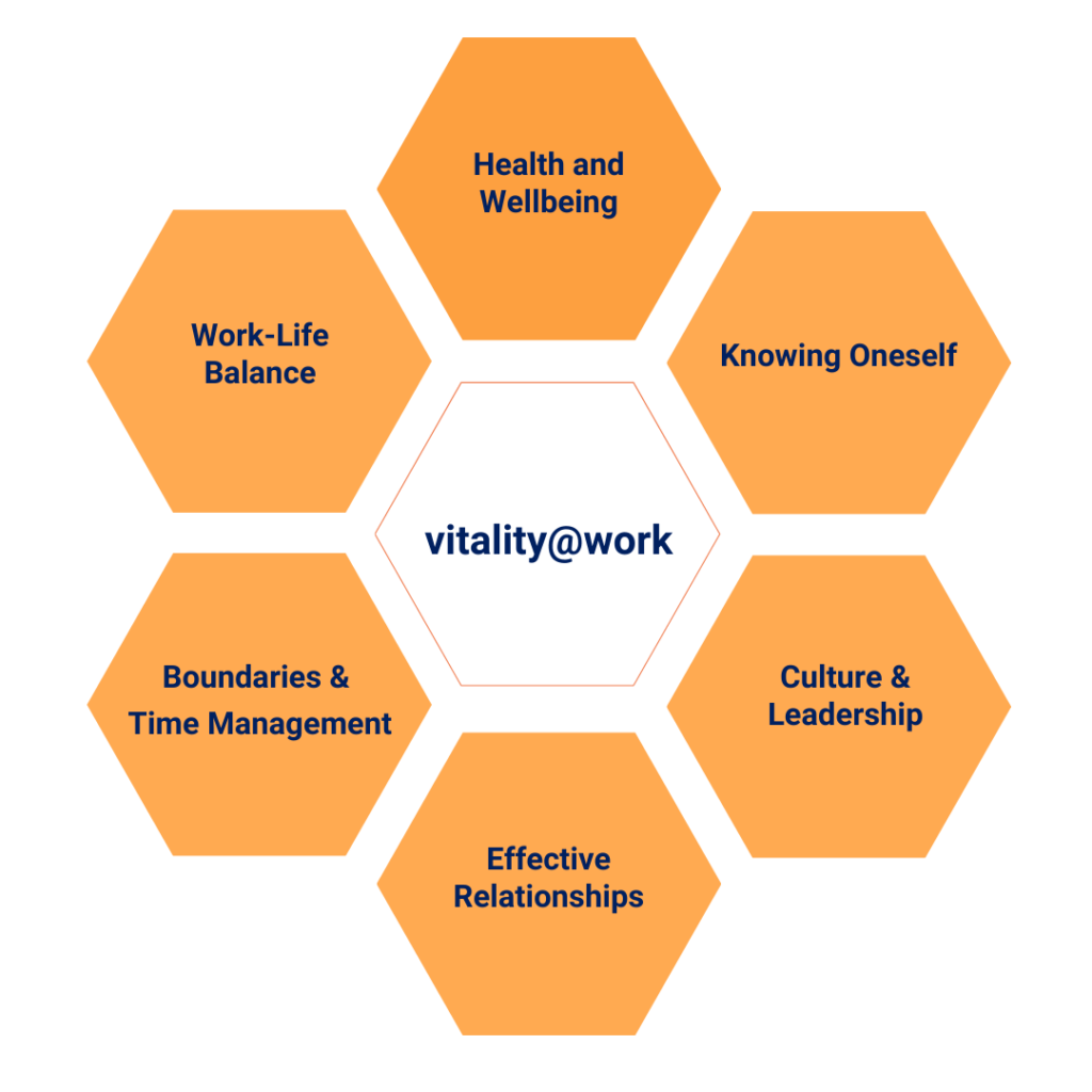 Vitality Honeycomb. It represents the different dimensions of vitality. Contact us to know more about our vitality@work training programme!